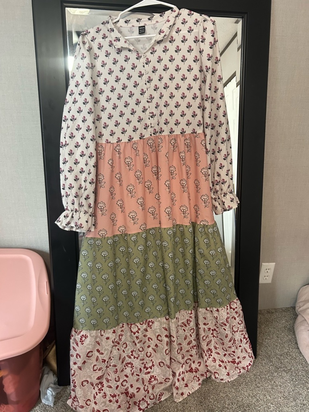 SHEIN Cream Floral Button-Front Blouse with Pink and Black Blooms